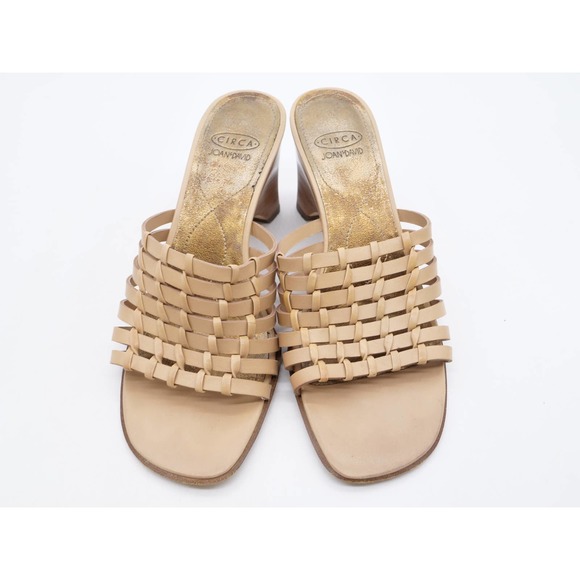 Circa Joan David Sandals Womens 7 Tan Leather Slide Strappy Weaved Open Toe Heel - Picture 7 of 11